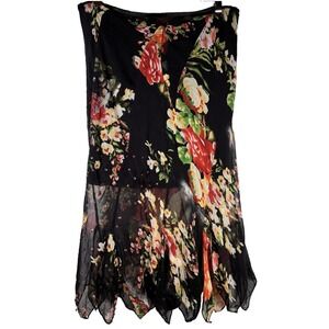 Y2K Skirt Silk Fairy Sequin Sheer Overlay Sz L Asymmetrical Floral Whimsigoth